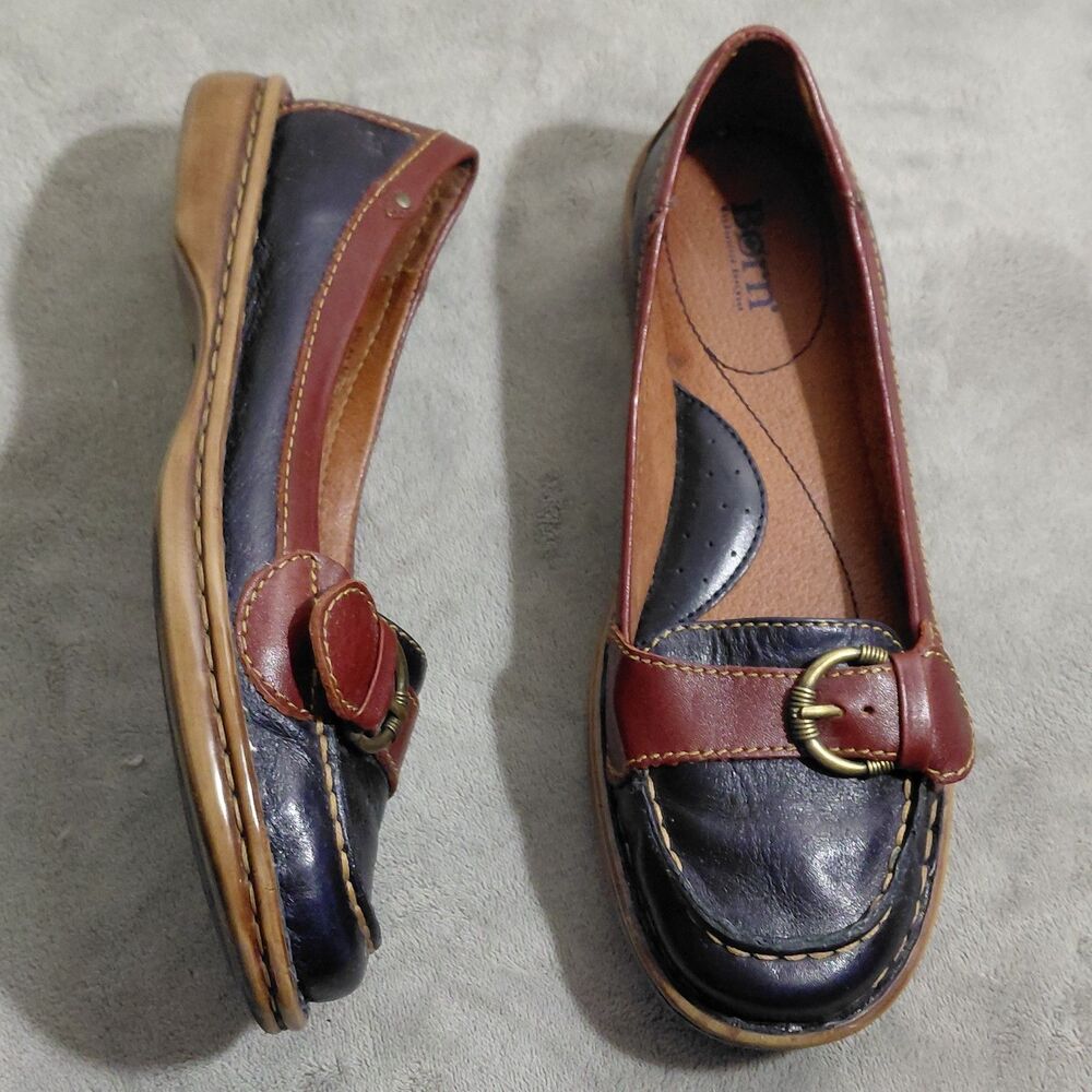 Born Mindy Two Tone Loafers Womens 9.5 Navy Brown Leather Buckle Strap Slip On